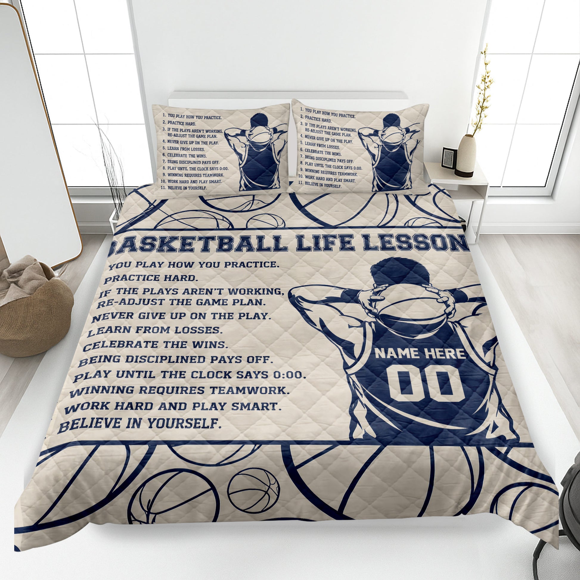 Basketball quilt blanket displayed on a bed with navy basketball artwork and motivational game lessons