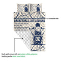 Basketball quilt showing the printable front design and white quilted backing