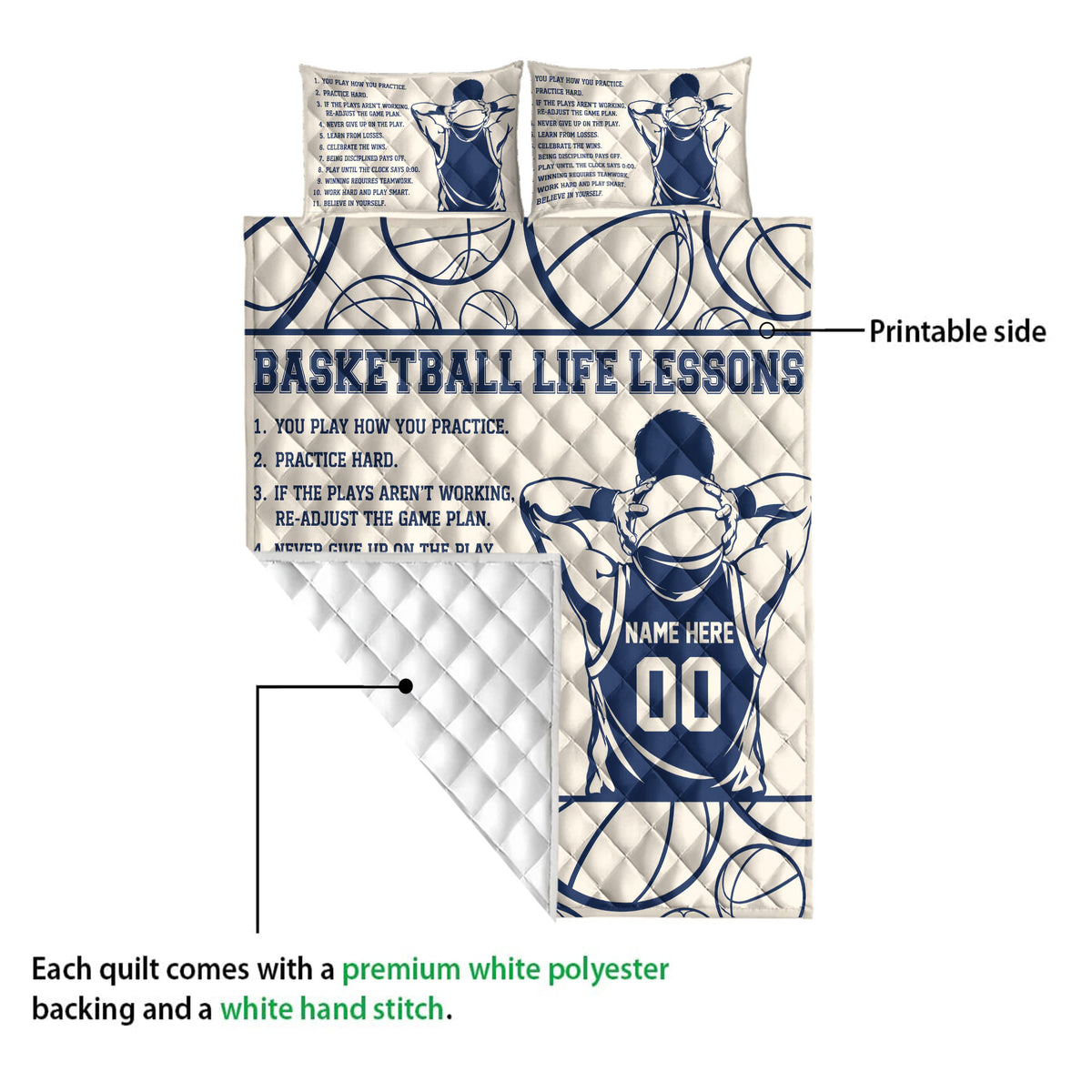Basketball quilt showing the printable front design and white quilted backing