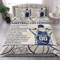 Basketball quilt blanket styled in a bright bedroom with navy player artwork and basketball graphics