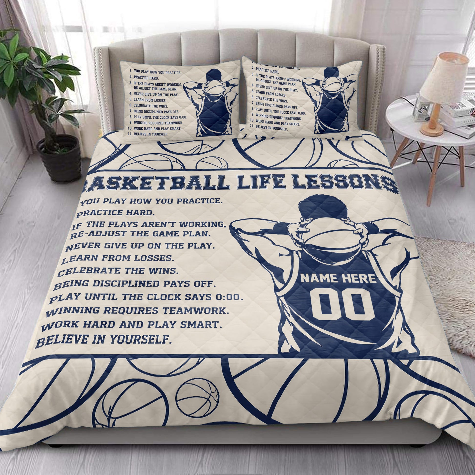 Basketball quilt blanket styled in a bright bedroom with navy player artwork and basketball graphics