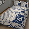 Close bedroom view of basketball quilt bedding with motivational lessons and illustrated player design