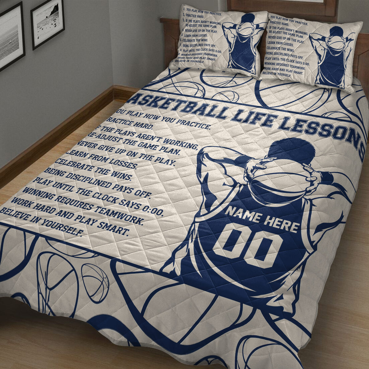 Close bedroom view of basketball quilt bedding with motivational lessons and illustrated player design