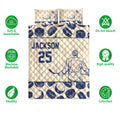 Hockey quilt bedding set shown with navy puck pattern, player artwork, and product feature icons