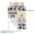 Hockey quilt detail showing the printed side, quilted backing, player artwork, and puck pattern