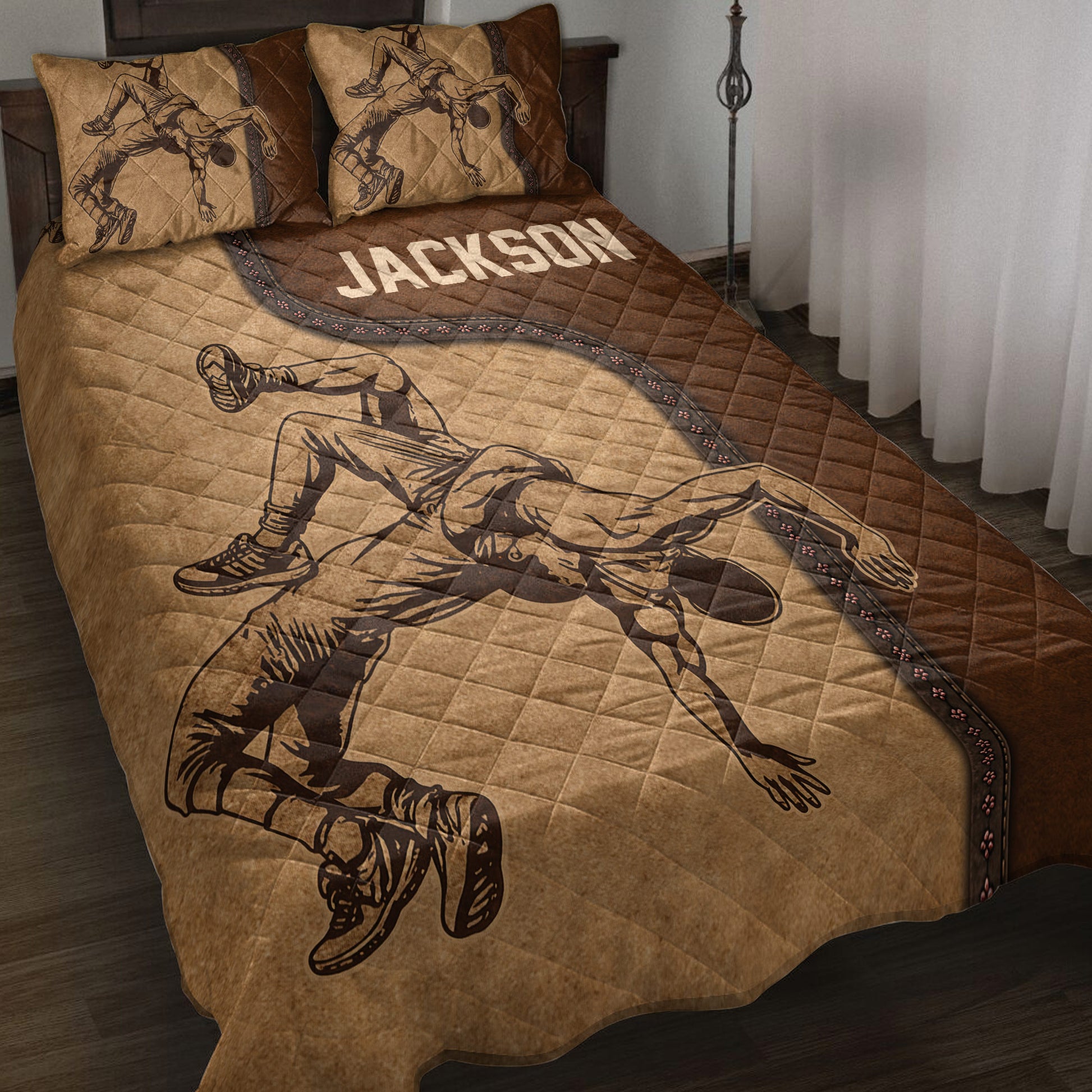 Brown wrestling quilt blanket displayed on a bed with grappling wrestler artwork and coordinating pillow designs