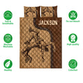 Wrestling quilt bedding set shown flat with grappling artwork and product feature icons