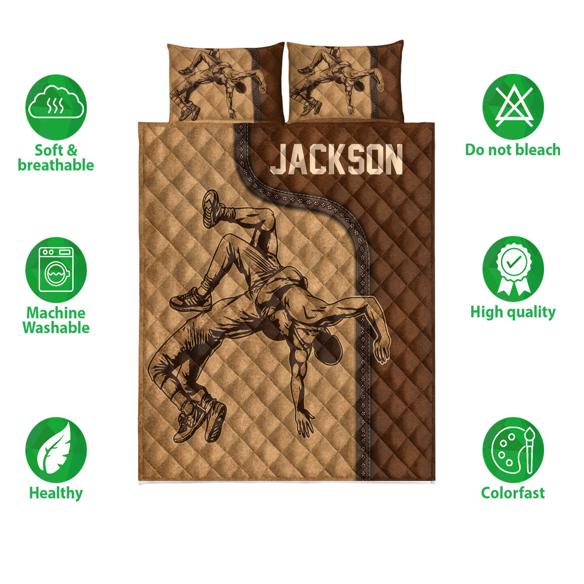 Wrestling quilt bedding set shown flat with grappling artwork and product feature icons