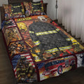 Firefighter quilt blanket displayed on a bed with fire trucks, helmets, protective gear, and patriotic artwork