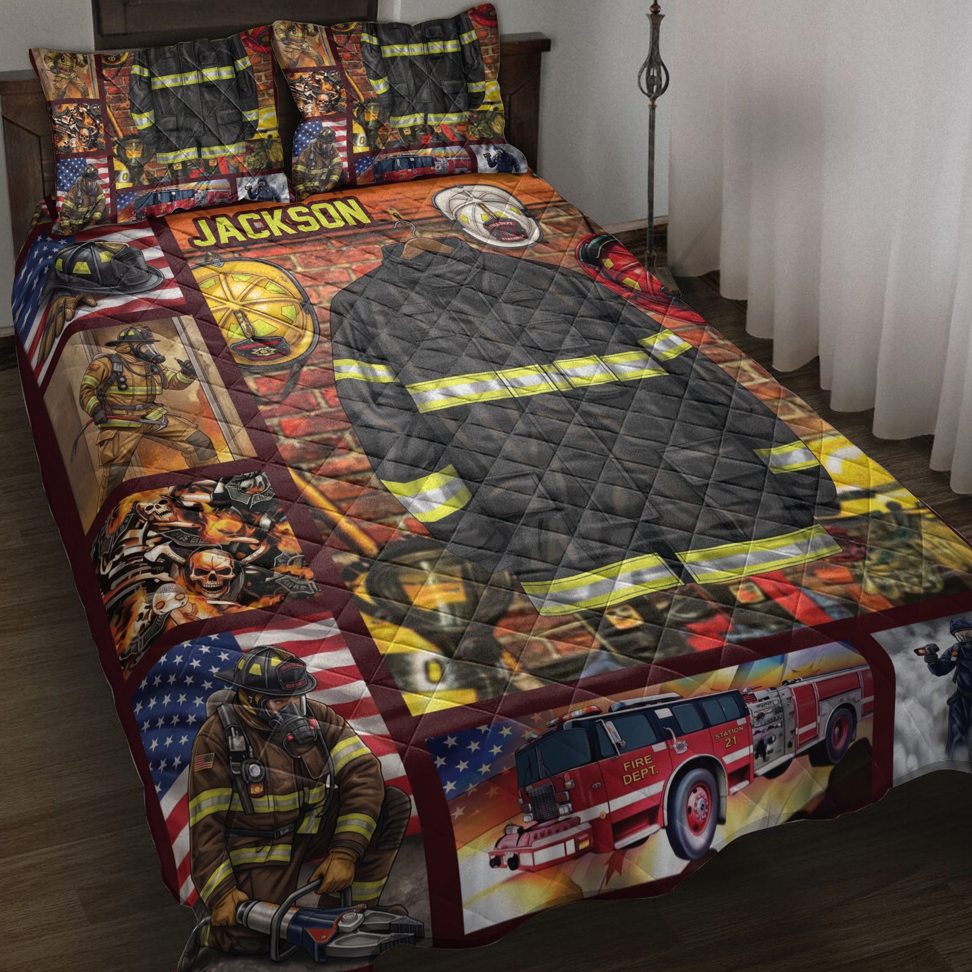 Firefighter quilt blanket displayed on a bed with fire trucks, helmets, protective gear, and patriotic artwork