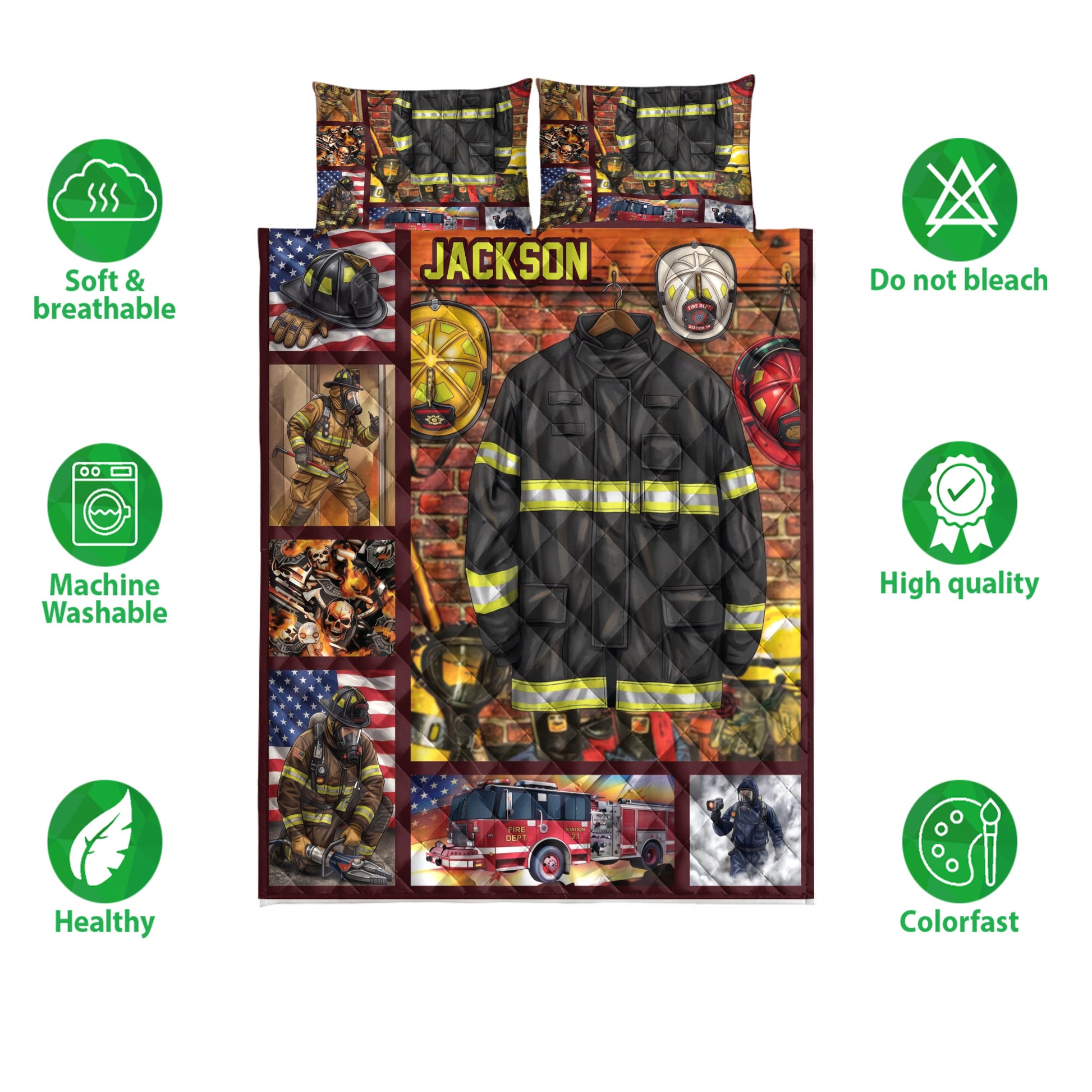 Firefighter quilt bedding set shown front-facing with firefighter scenes, fire trucks, helmets, and bold colors