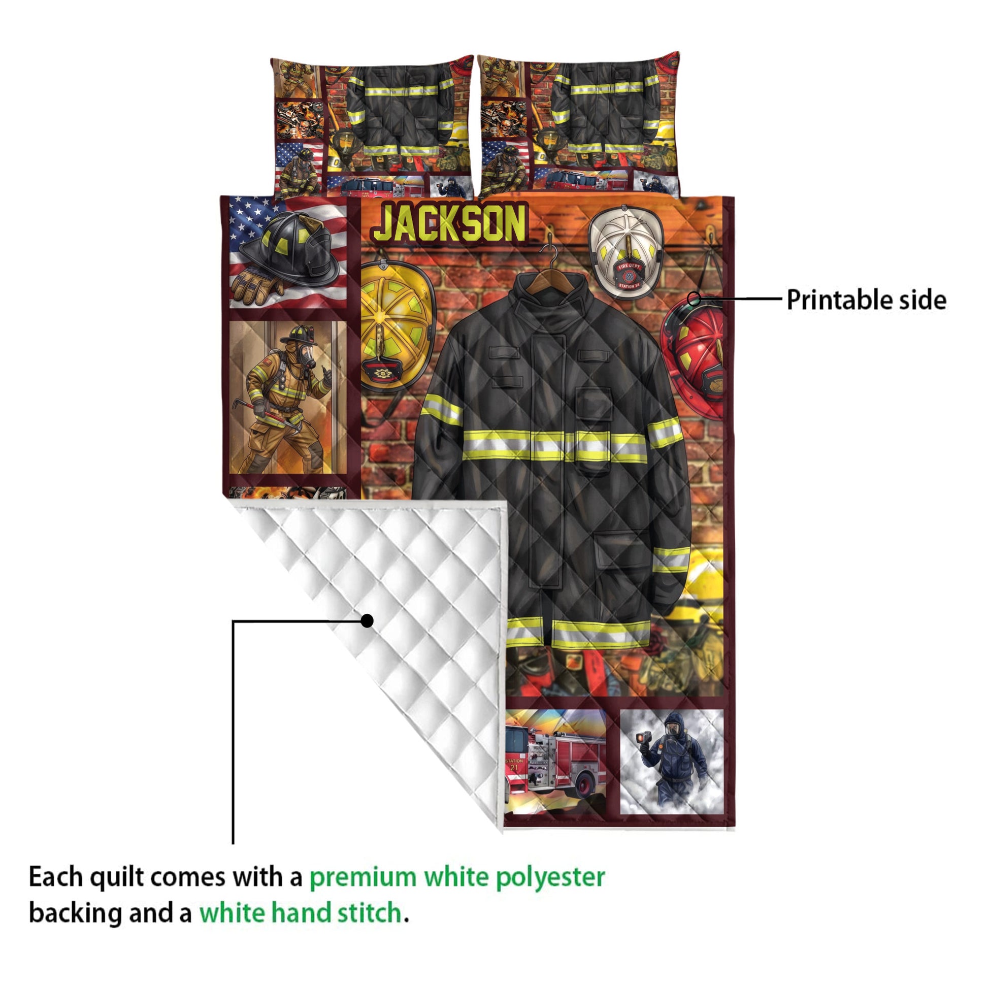 Firefighter quilt blanket detail showing the printed front, quilted backing, protective gear, and firehouse artwork