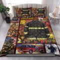 Firefighter quilt bedding styled in a bedroom with firefighter scenes, fire trucks, helmets, and protective clothing