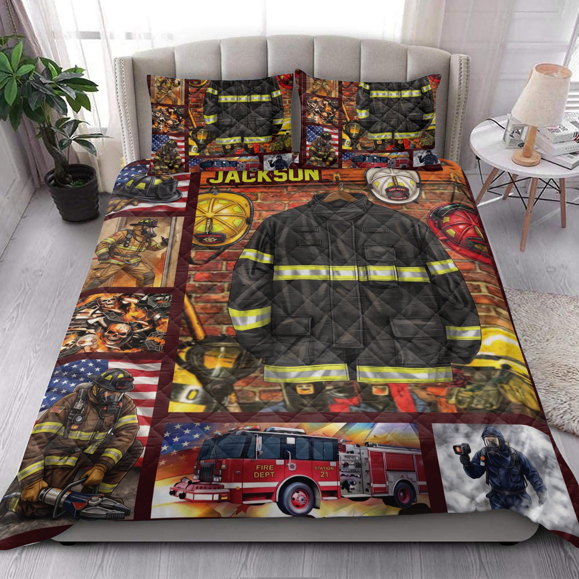 Firefighter quilt bedding styled in a bedroom with firefighter scenes, fire trucks, helmets, and protective clothing