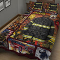 Close bedroom view of a firefighter quilt blanket featuring fire trucks, firefighters, helmets, and reflective gear