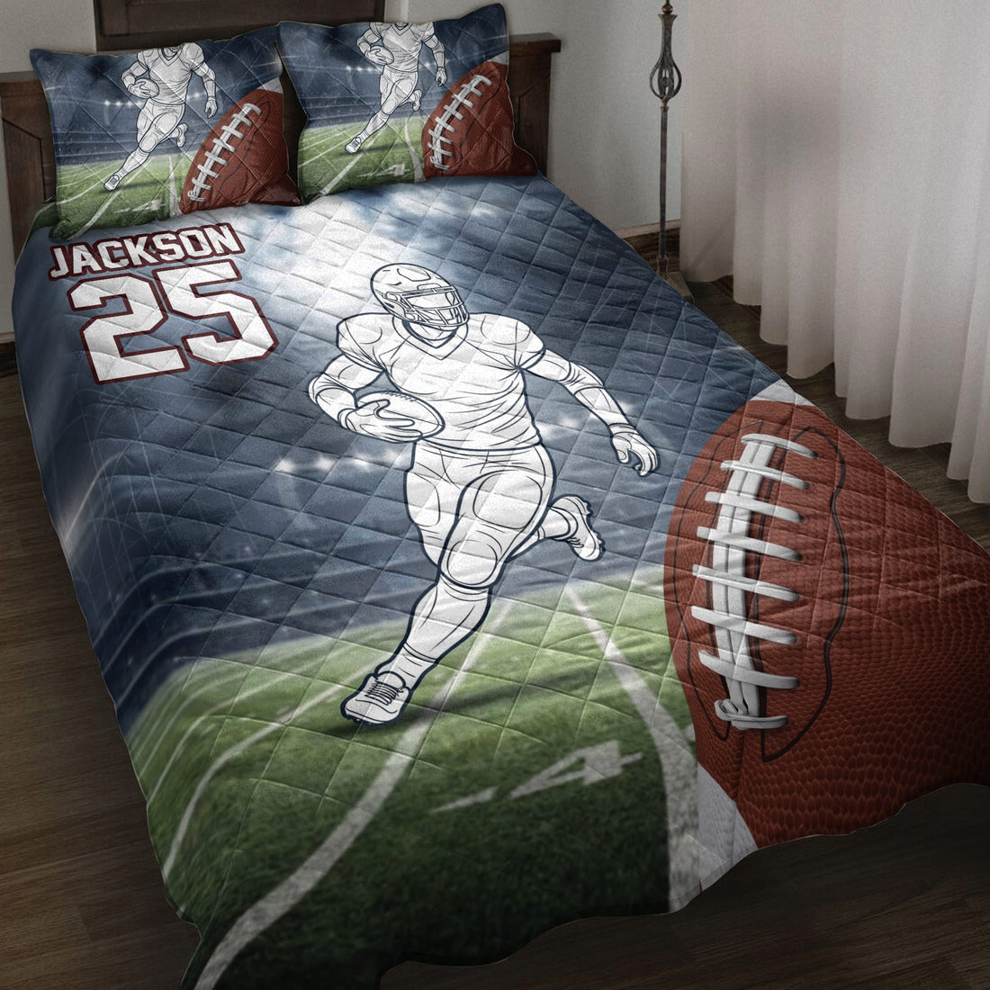 Football quilt blanket on a bed with a running player, field graphics, footballs, and bold sports artwork