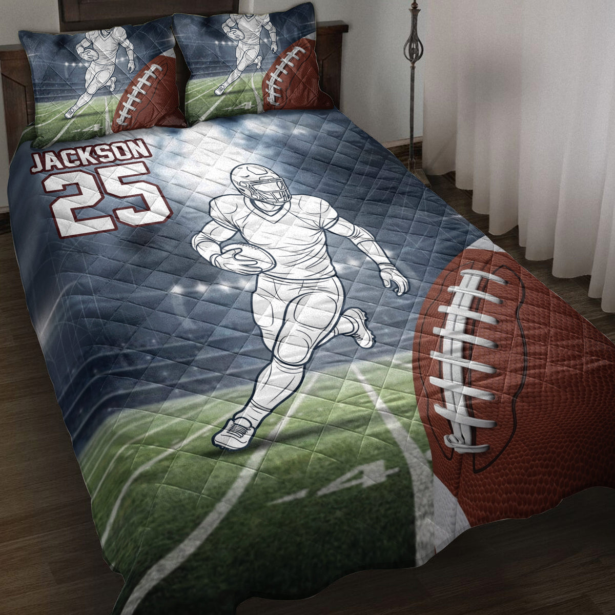 Football quilt blanket on a bed with a running player, field graphics, footballs, and bold sports artwork
