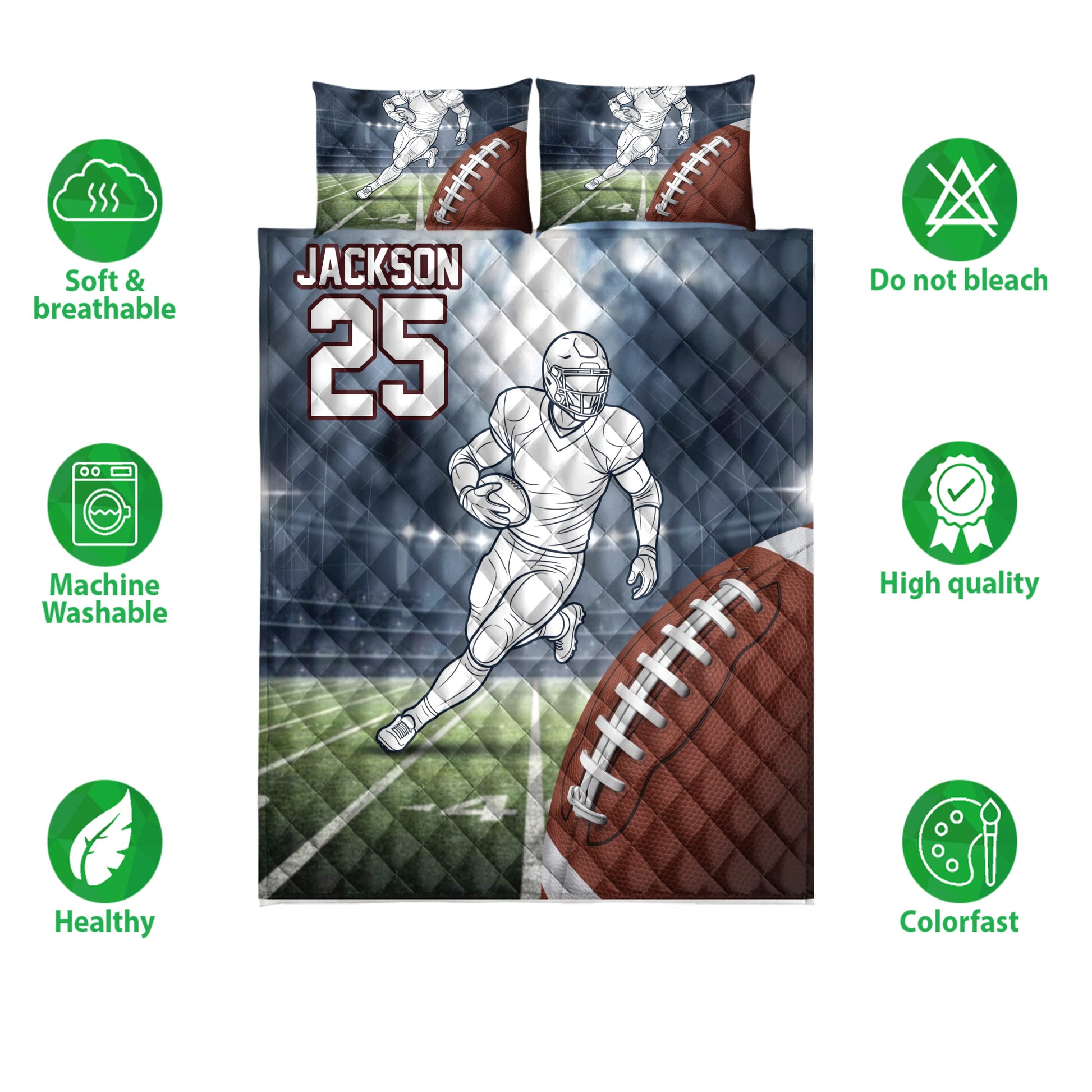 Football bedding set featuring a running player, field scene, large football graphic, and quilted design