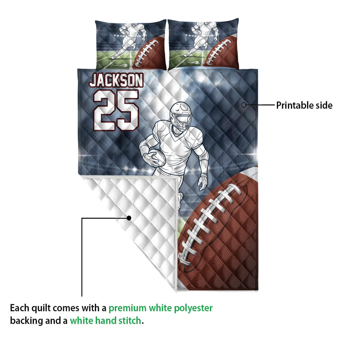 Football quilt showing the printed front, white quilted backing, player artwork, and oversized football detail
