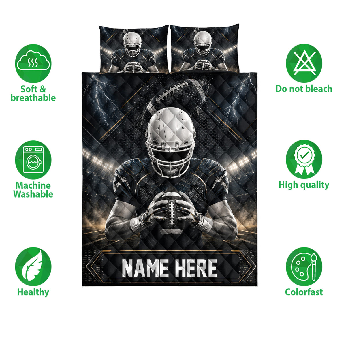 Football quilt bedding set with helmeted player artwork, stadium scene, and product feature icons