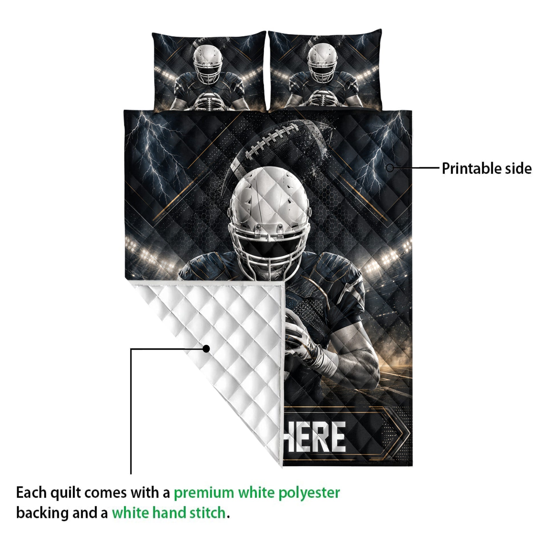 Football quilt showing the printed front design and white diamond-stitched backing