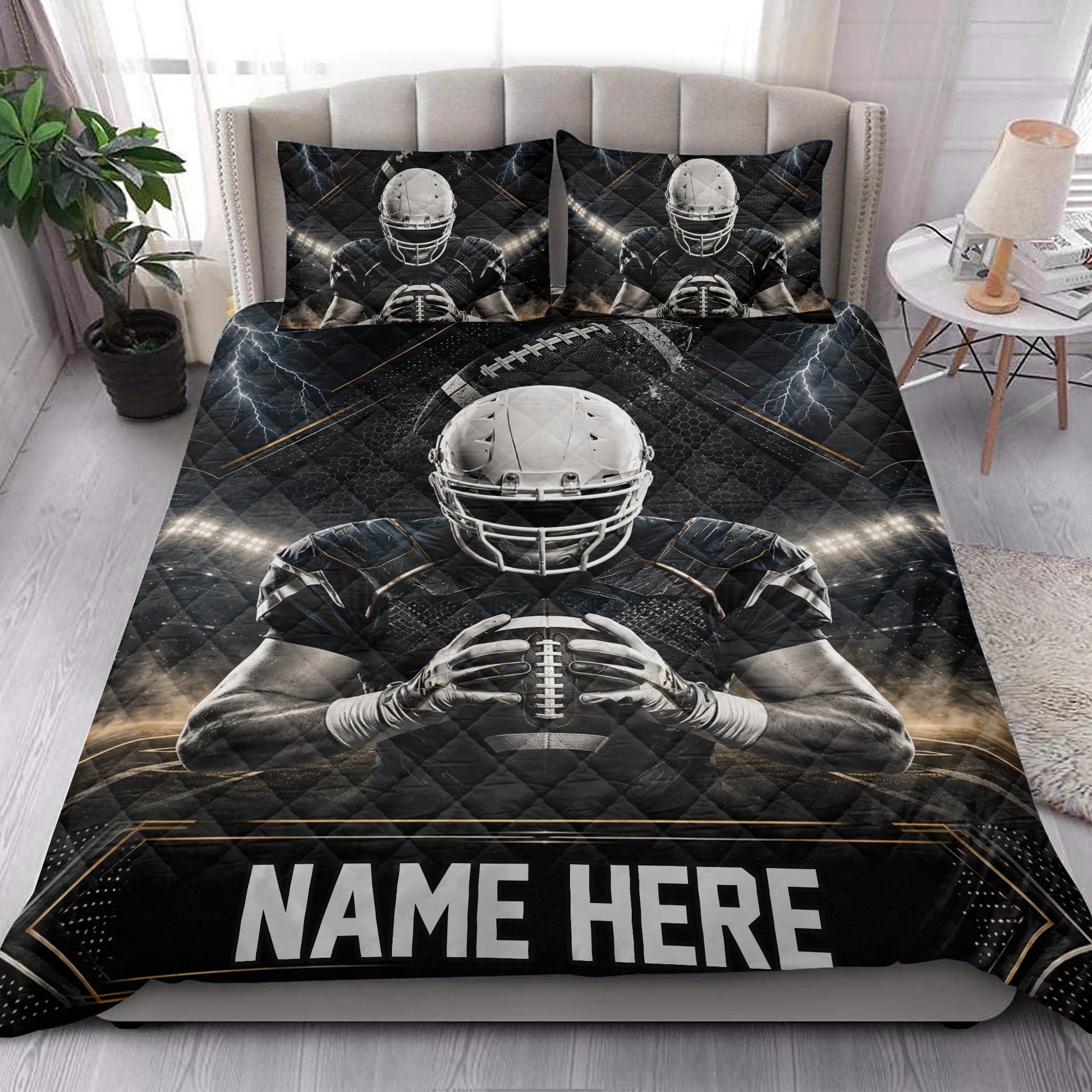 Football quilt blanket styled in a bright bedroom with helmeted player and stadium artwork