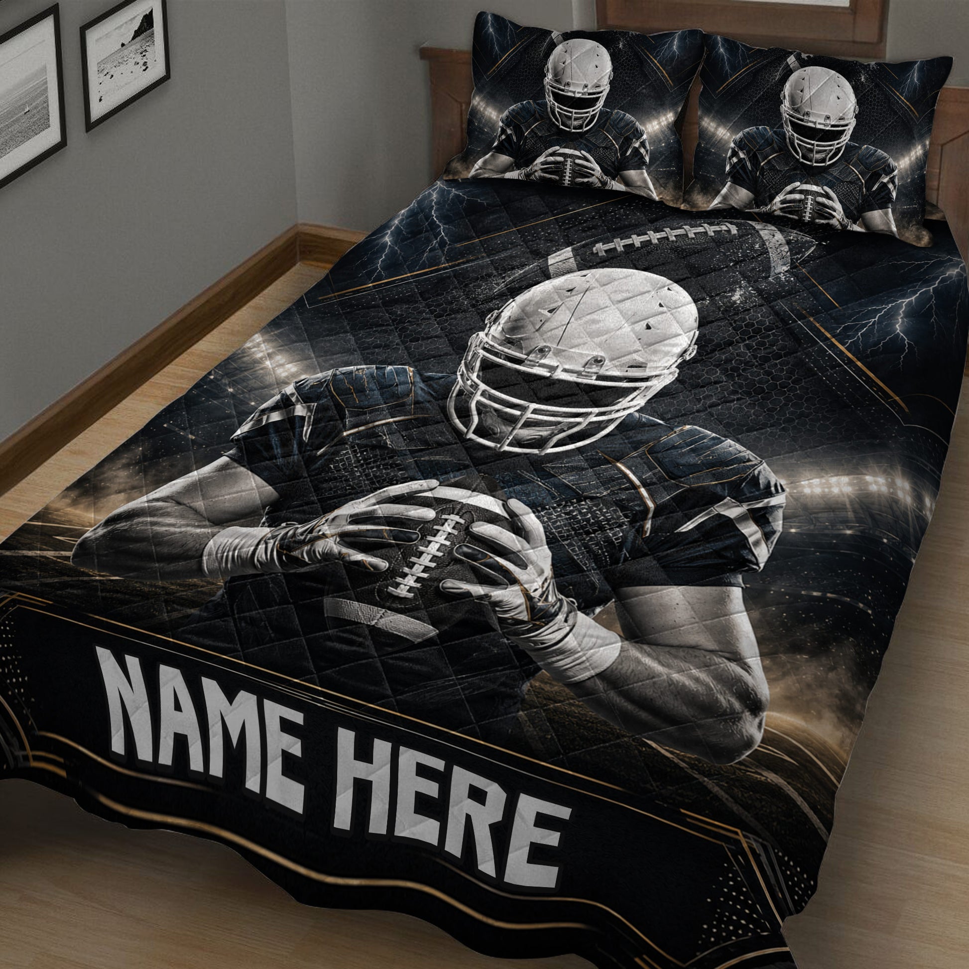 Close view of football quilt bedding with a helmeted player holding a football in a dramatic stadium scene