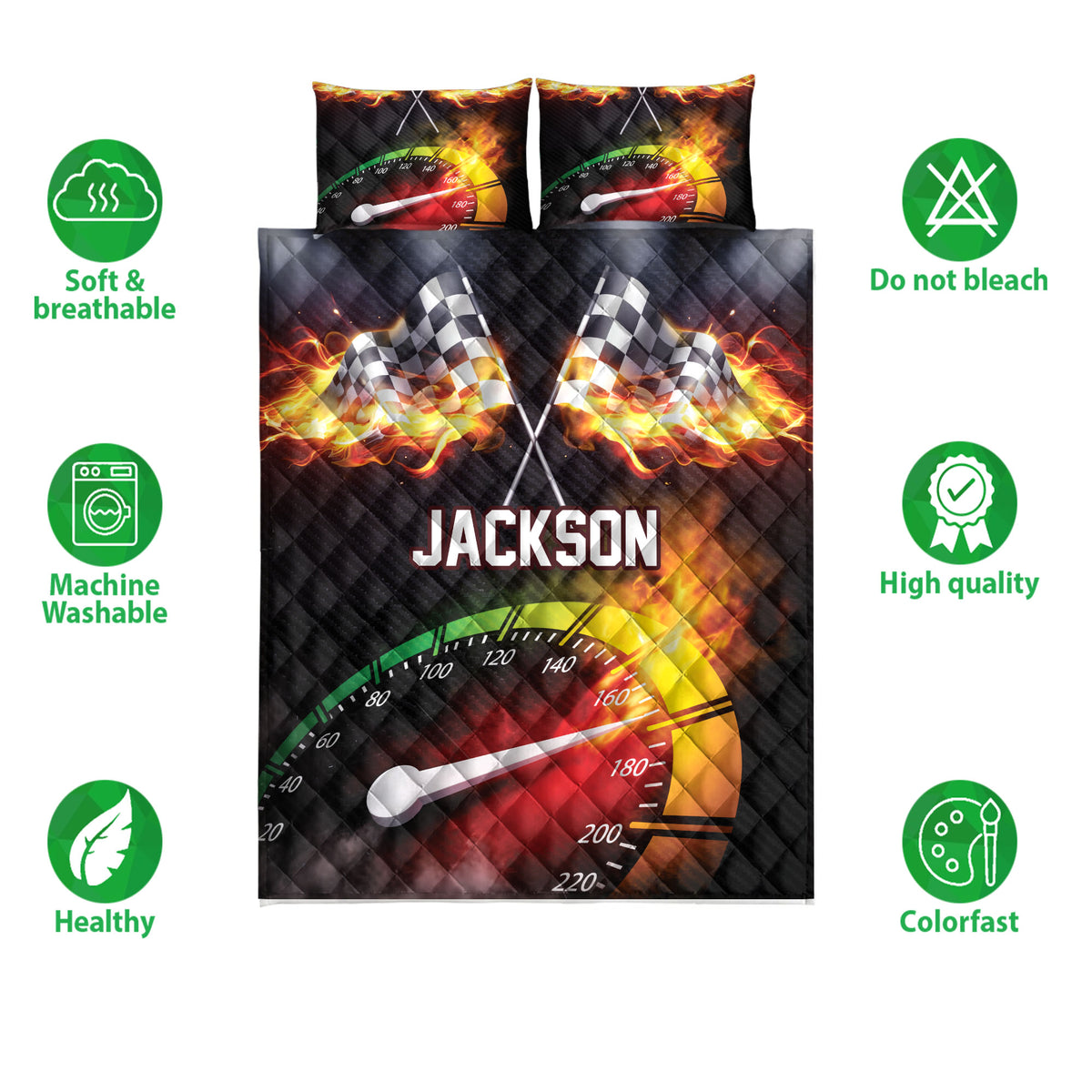 Racing quilt bedding set with flaming checkered flags, speedometer graphics, and dark automotive styling