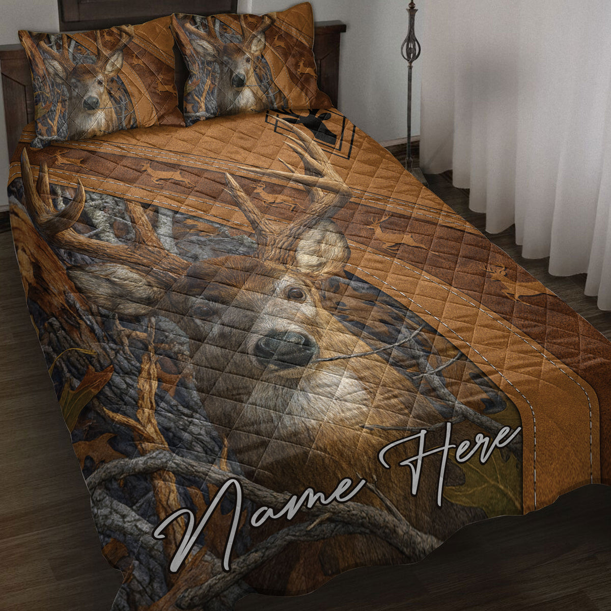 Hunting quilt blanket displayed on a bed with realistic deer, antlers, woodland camouflage, and rustic brown artwork