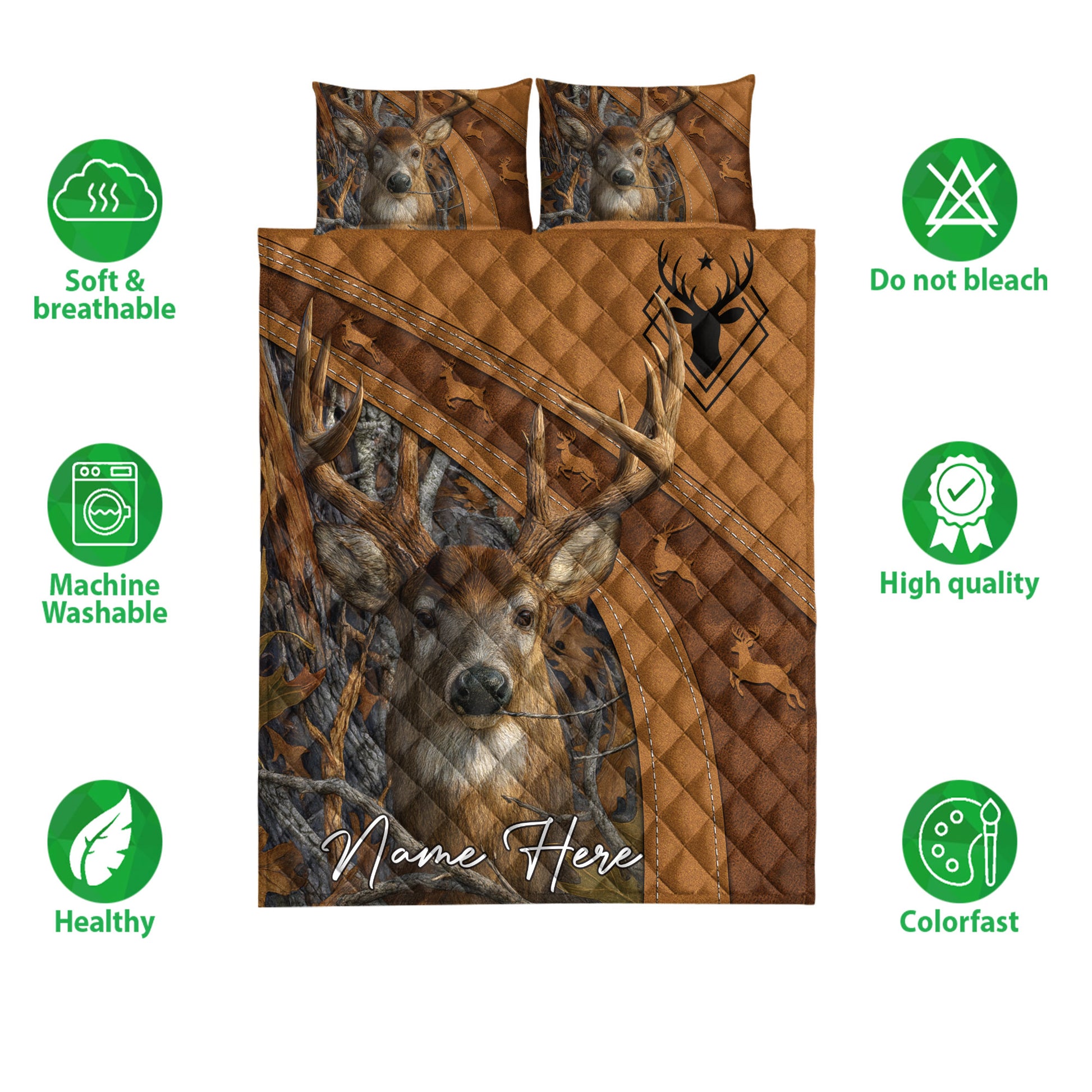 Hunting quilt bedding set shown with deer artwork, antlers, woodland colors, and product feature icons