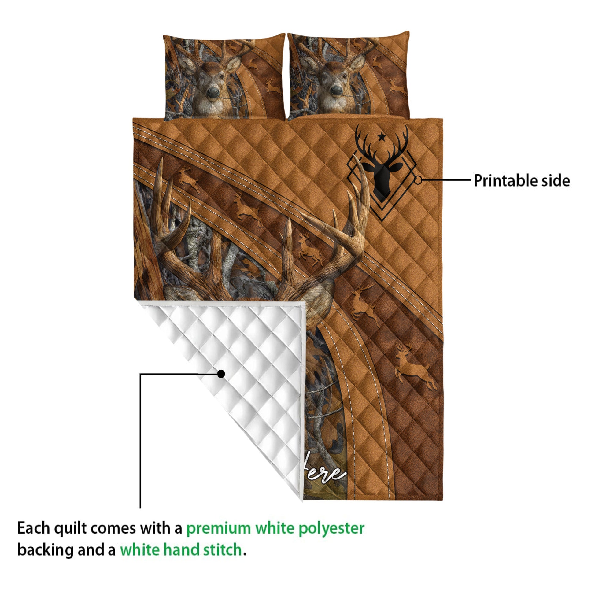 Hunting quilt shown with deer and antler artwork, printed front, and white quilted backing detail