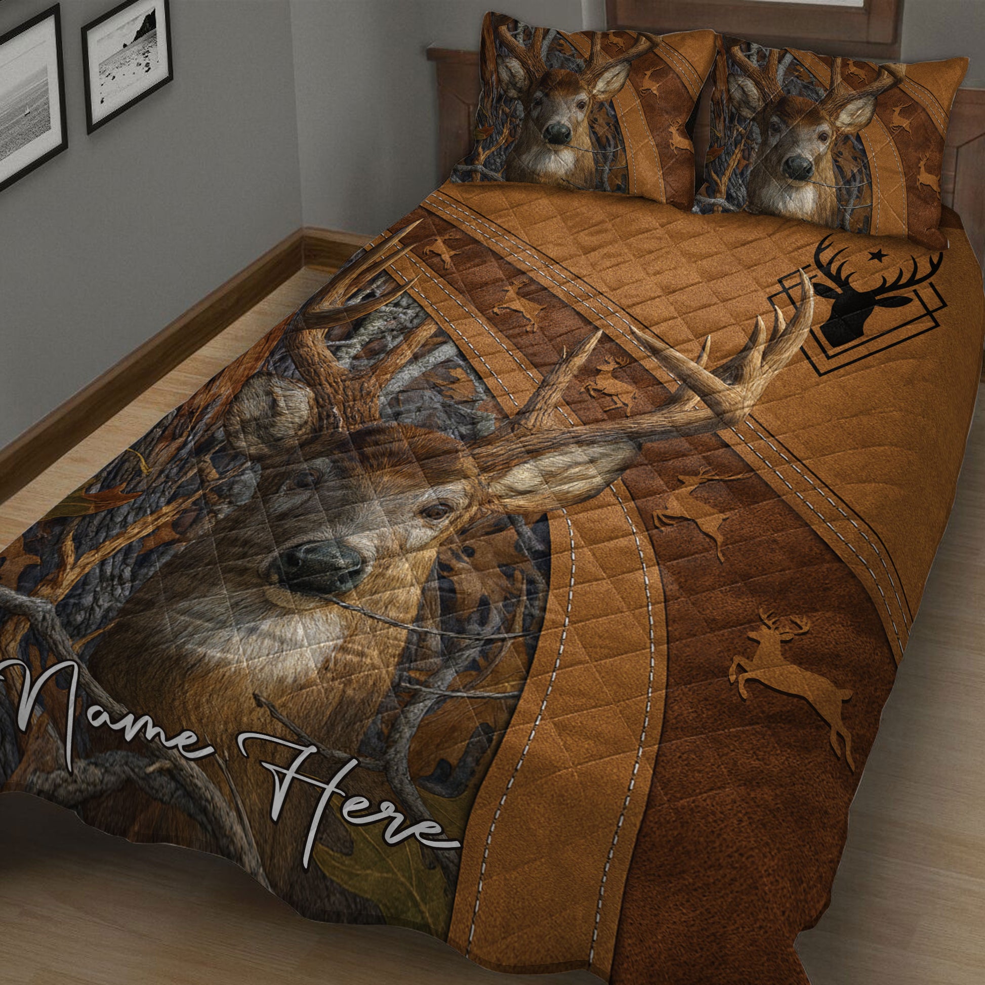 Rustic hunting quilt bedding displayed on a bed with deer portraits, antlers, and brown woodland camouflage
