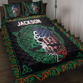 Irish Celtic quilt blanket styled on a bed with shamrocks, Celtic knots, a symbolic tree, and vibrant green details