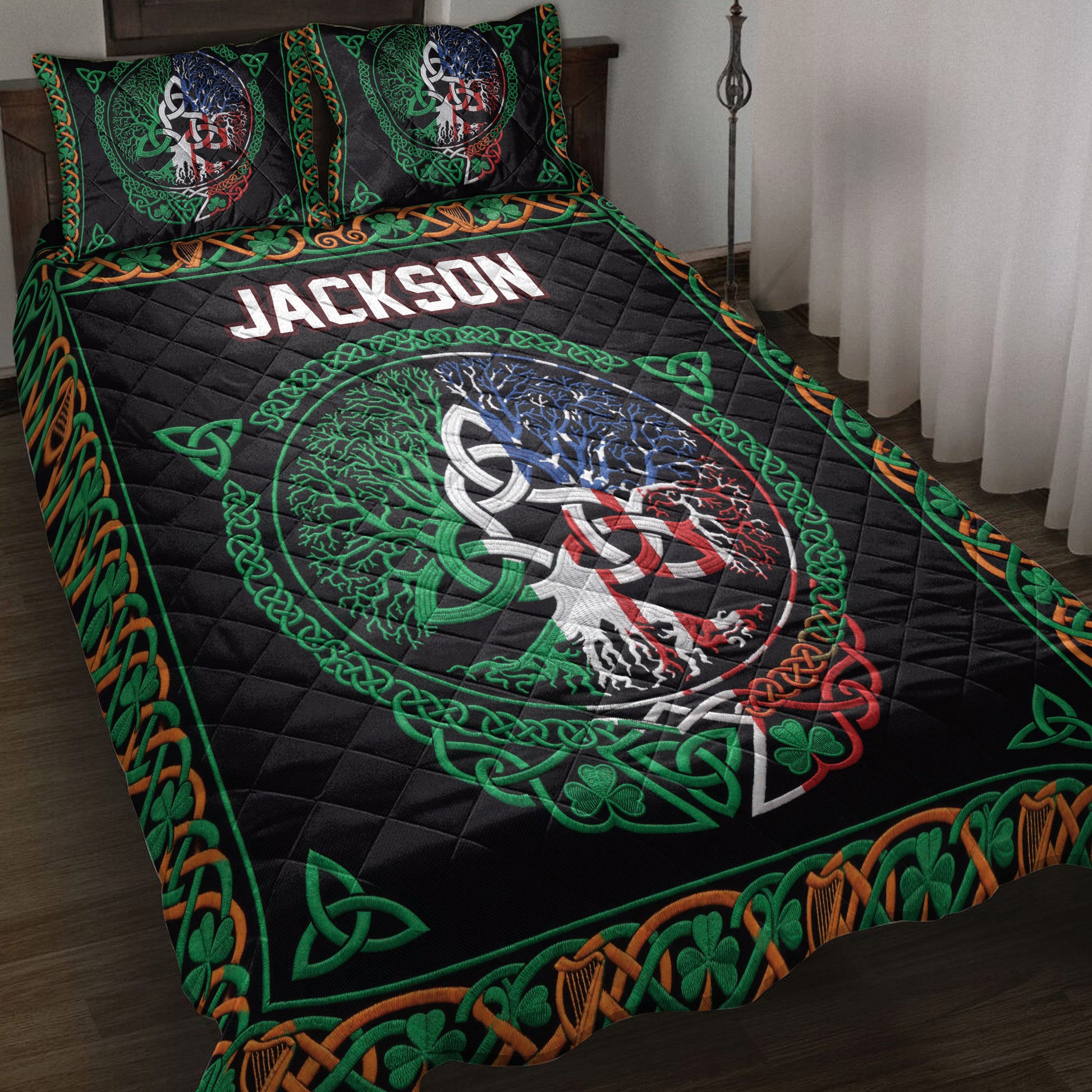 Irish Celtic quilt blanket styled on a bed with shamrocks, Celtic knots, a symbolic tree, and vibrant green details