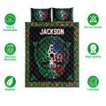 Irish Celtic quilt bedding set displayed with shamrock borders, Celtic knot artwork, and product feature icons