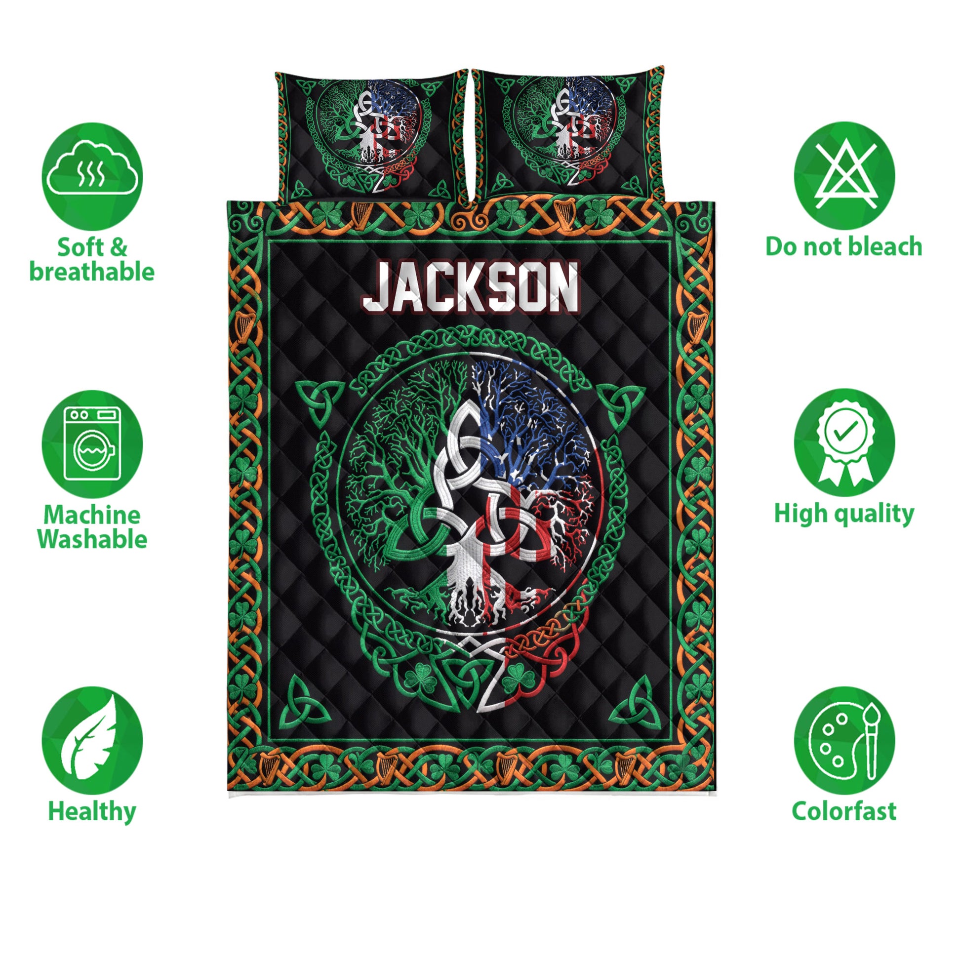 Irish Celtic quilt bedding set displayed with shamrock borders, Celtic knot artwork, and product feature icons