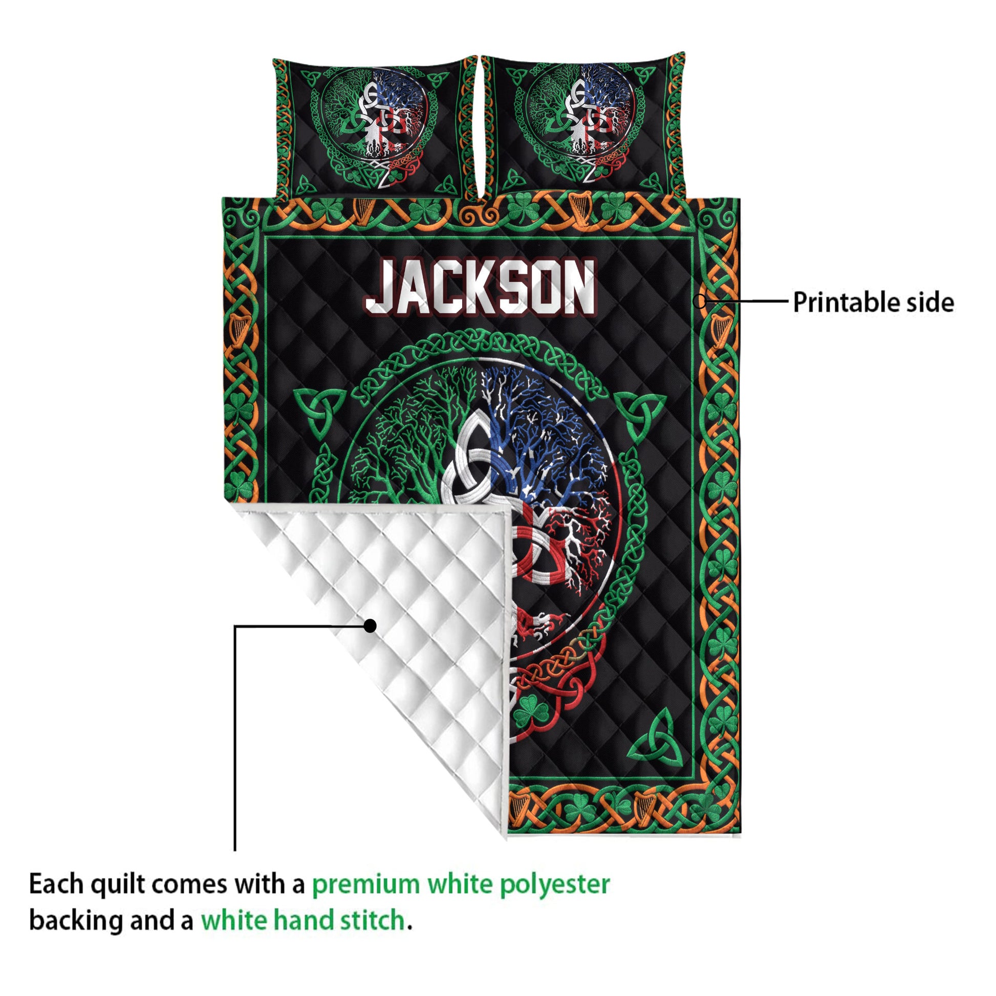 Irish Celtic quilt showing the printed front design and white quilted backing with Celtic knot borders