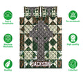 Irish Celtic quilt blanket shown with shamrock patterns, knotwork cross artwork, and product feature icons