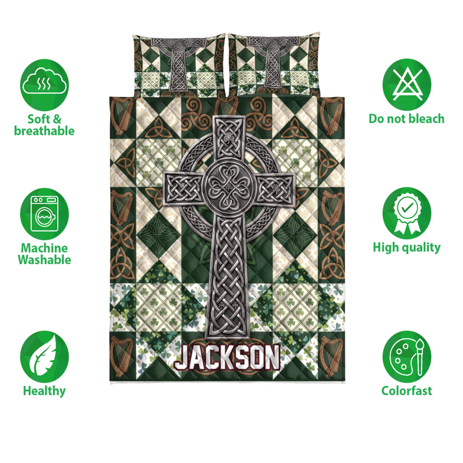 Irish Celtic quilt blanket shown with shamrock patterns, knotwork cross artwork, and product feature icons