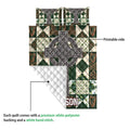 Irish Celtic quilt showing the printed front, white quilted backing, cross artwork, knotwork, and shamrock motifs