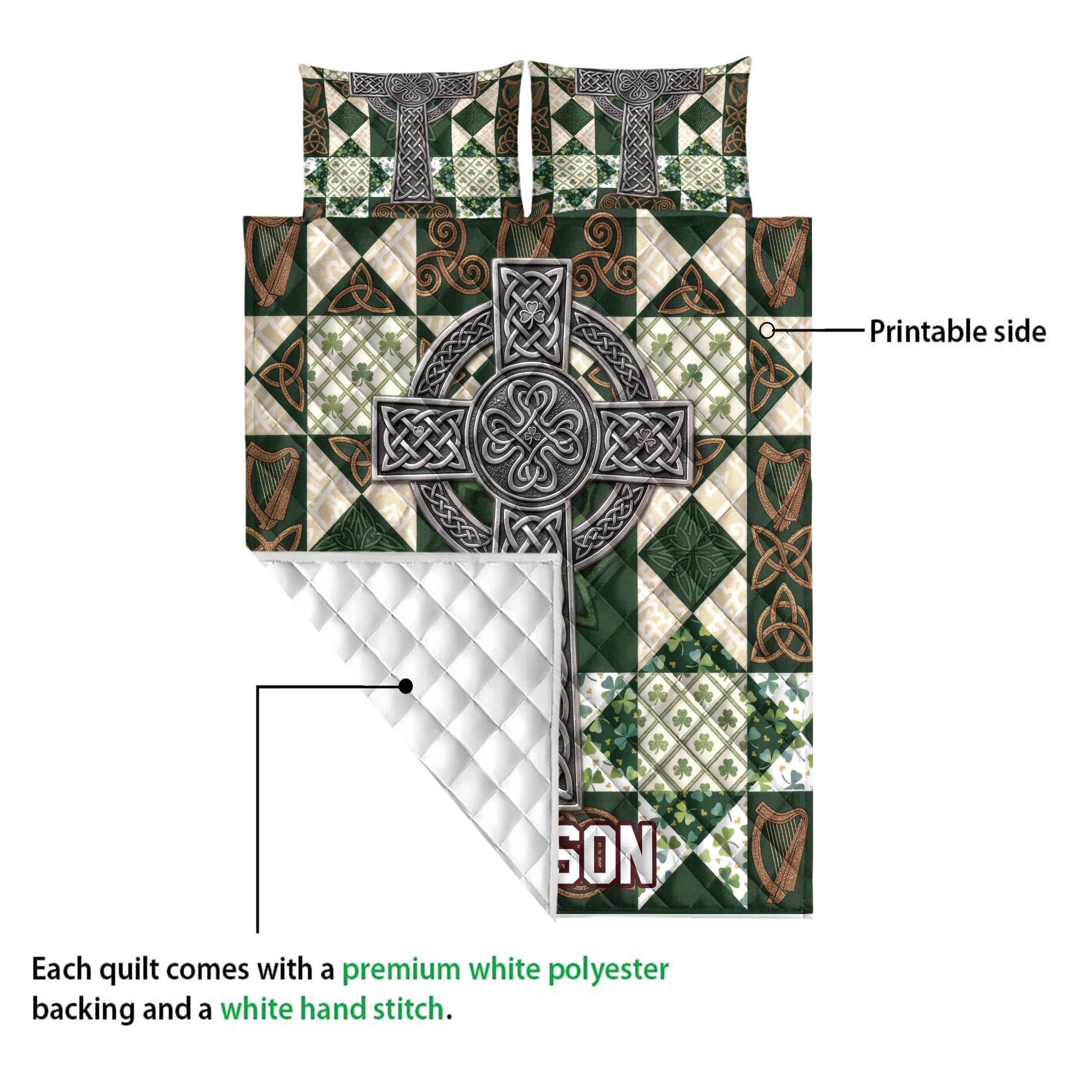 Irish Celtic quilt showing the printed front, white quilted backing, cross artwork, knotwork, and shamrock motifs