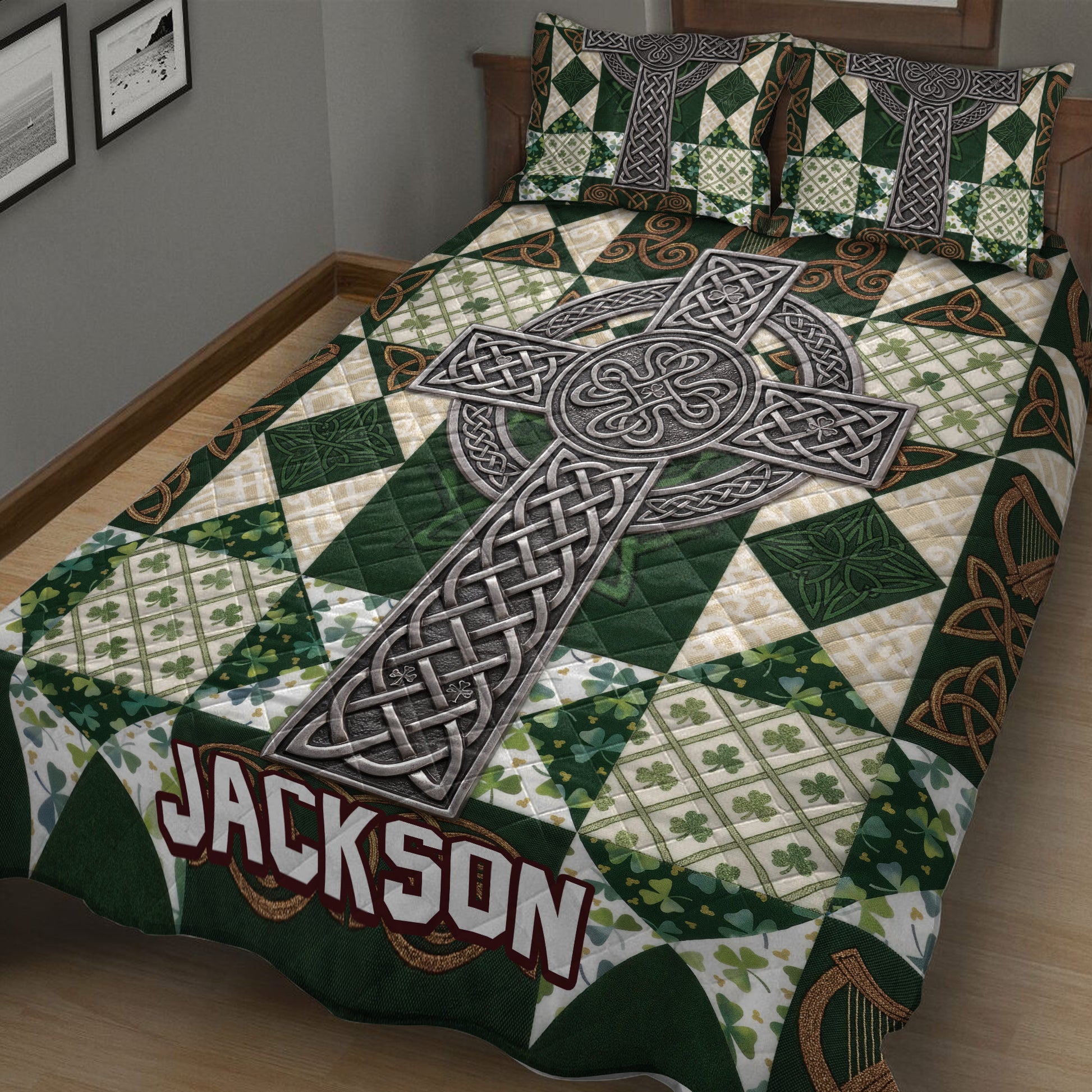 Close bedroom view of Irish Celtic bedding with a metallic cross, Celtic knotwork, harps, and shamrock patchwork