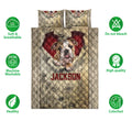 English Bulldog quilt bedding set with floral artwork shown alongside fabric and care feature icons