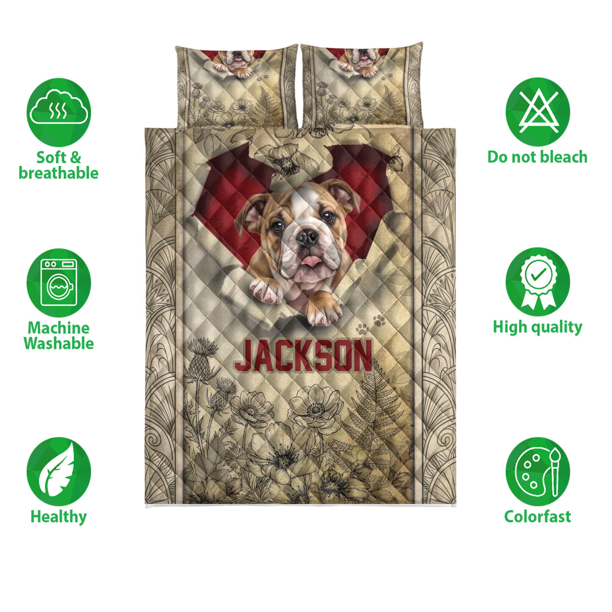 English Bulldog quilt bedding set with floral artwork shown alongside fabric and care feature icons