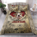 English Bulldog floral quilt blanket styled in a bright bedroom with coordinated bedding artwork