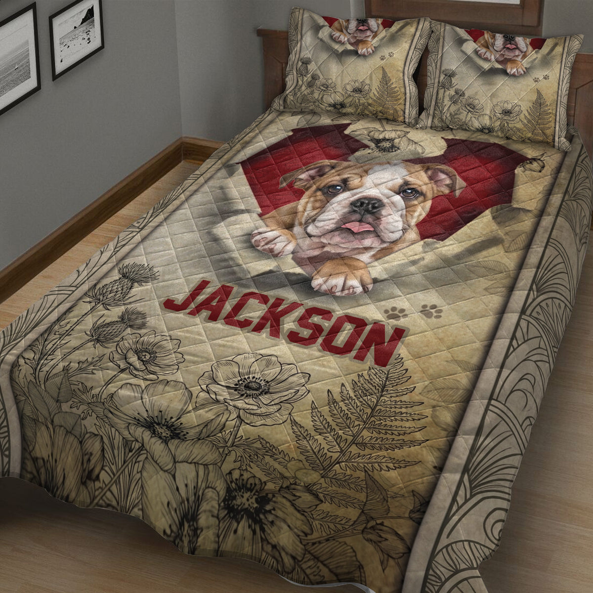 Close view of an English Bulldog quilt blanket with floral illustrations and a warm rustic bedroom design