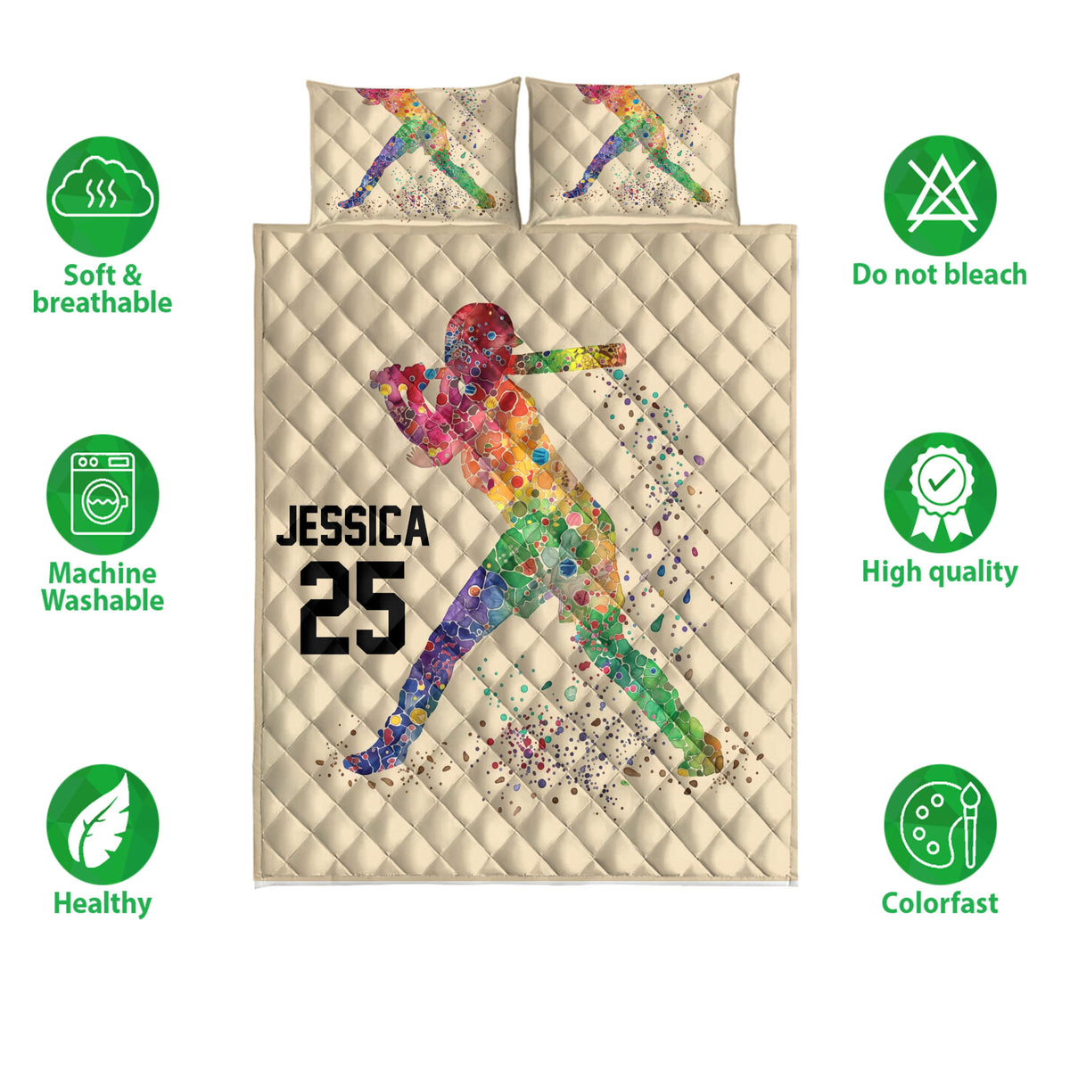 Softball quilt bedding set with vibrant batter artwork and coordinated pillow designs