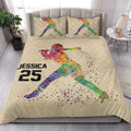 Colorful softball batter quilt blanket styled in a bright modern bedroom