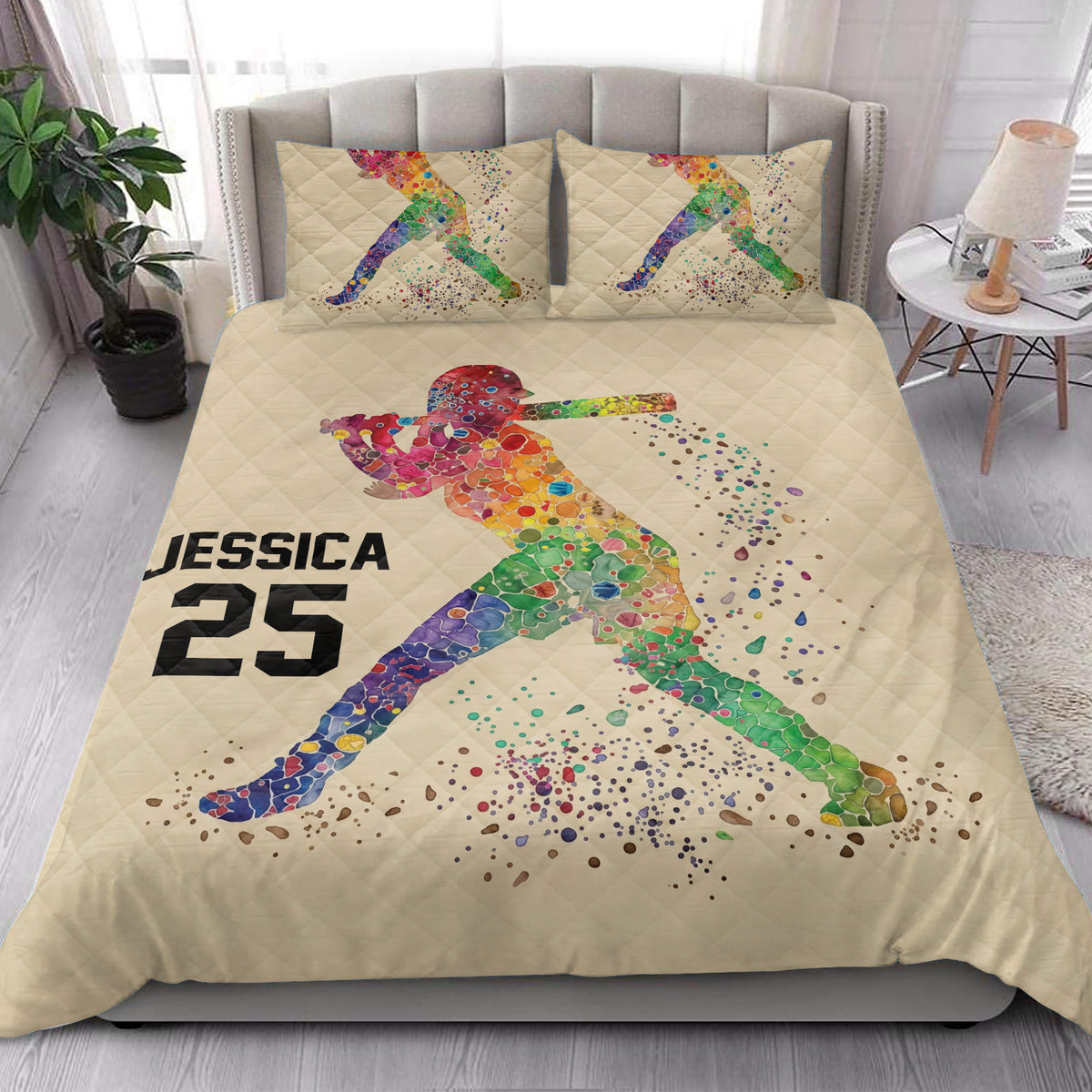 Colorful softball batter quilt blanket styled in a bright modern bedroom