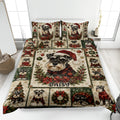 Christmas Miniature Schnauzer quilt blanket displayed on a bed with festive patchwork artwork
